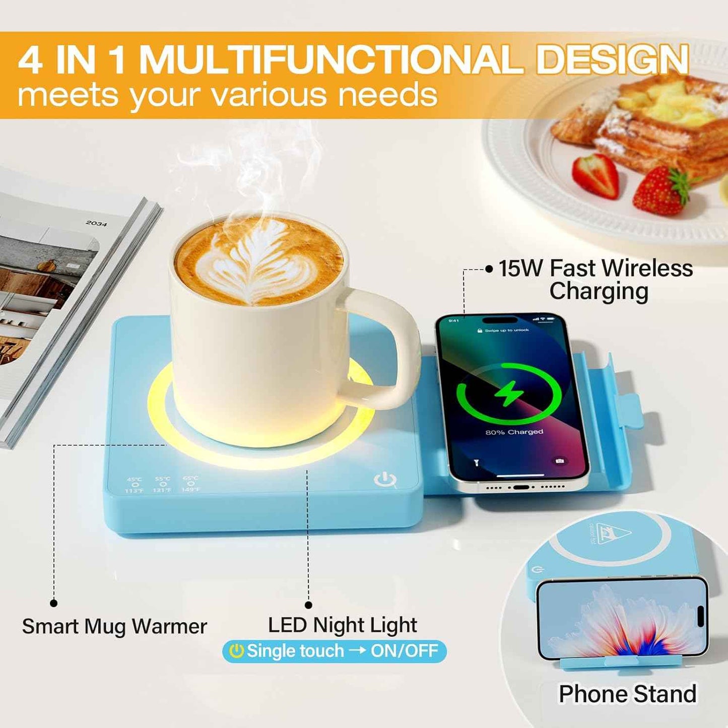 Coffee Mug Warmer, Smart Mug Warmer, 15W Wireless Phone Charging, 3 Heat Settings Temperature Controlled, 8H Auto Off, Candle Warmer, Safe for Heating Coffee, Beverage, Milk, Tea (Blue)