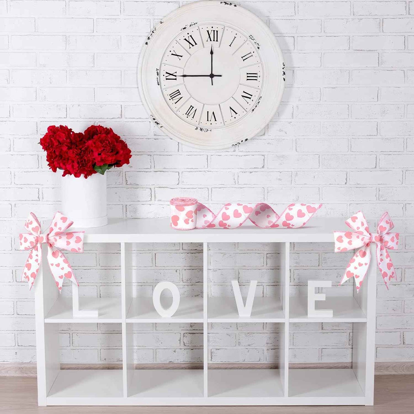 Dingion Valentine's Day Burlap Wired Ribbon 2 Rolls 12 Yards Heart Printed Love Edge Ribbon 2.5 in Patterned Hearts for Favor Wrapping Wreaths Craft Prensent Wrapping Decorative (Pink)