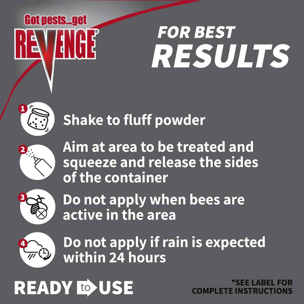 Revenge 10 oz ready-to-use dust treatment for indoor and outdoor pest control, repels ants, bees, roaches, spiders, and more