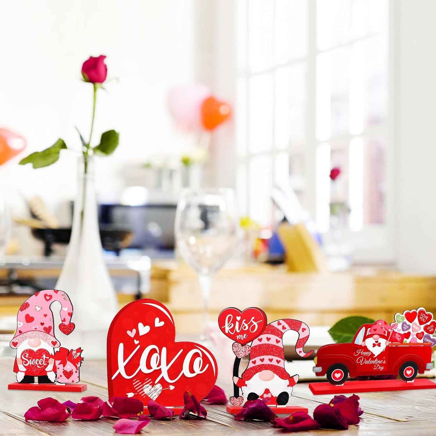 Capoda 5 Pieces Valentine's Day Wooden Table Sign Decoration Freestanding Table Centerpiece Sign Romantic Truck Heart Shape Home Decor Tiered Tray Gnome Valentines Day Accessories(Red)