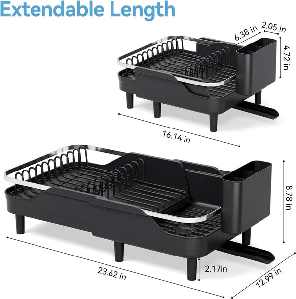 Expandable stainless steel dish rack for kitchen counter with adjustable water spout