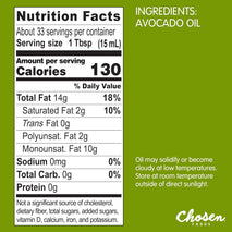 Chosen Foods 100% Pure Avocado Oil, 16.9 Fl Oz, All Purpose Cooking Oil, Non-GMO, Gluten-Free, Keto Friendly, Glyphosate Free