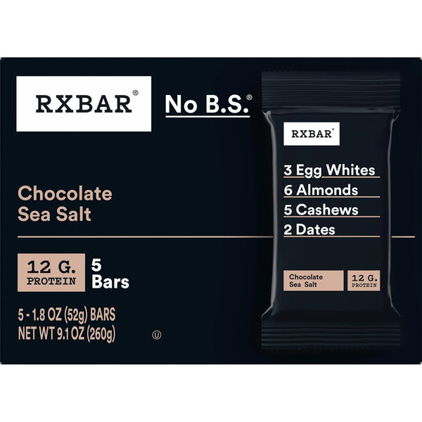 Chocolate Sea Salt RXBAR Protein Bars, 12g Protein, Gluten Free Snacks, 6 Boxes, 30 Bars