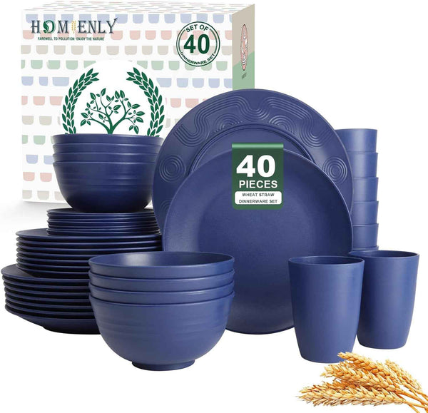 Homienly 40-Piece Premium Wheat Straw Dinnerware Sets, Service for 8, Unbreakable Plates and Bowls Set - Cups Sets, Dinner Plates, Bowls for Kitchen,Dishwasher and Microwave Safe Dishes Set - Multi