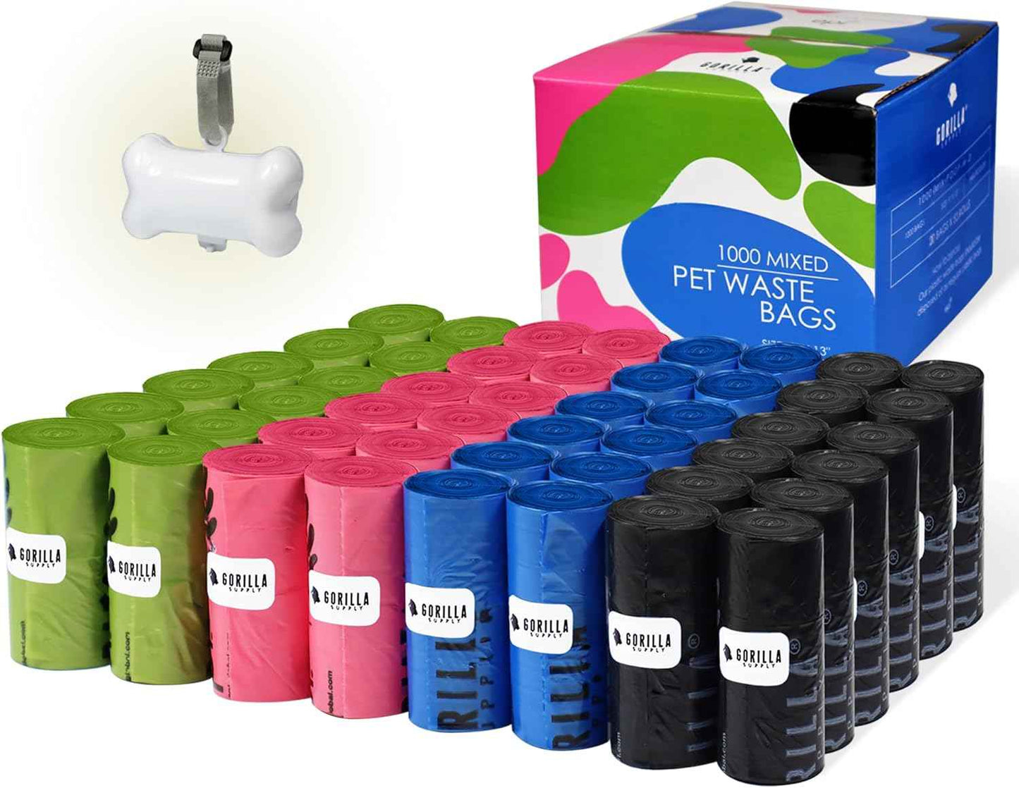 GORILLA SUPPLY 1000 Dog Poop Waste Bags with Dispenser and Leash Tie, 9" x 13", Blue, 1000 Count