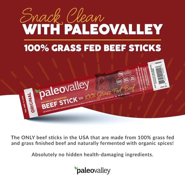 Paleovalley 100% Grass Fed Beef Sticks - Gluten Free Beef Snack - High Protein Keto Friendly