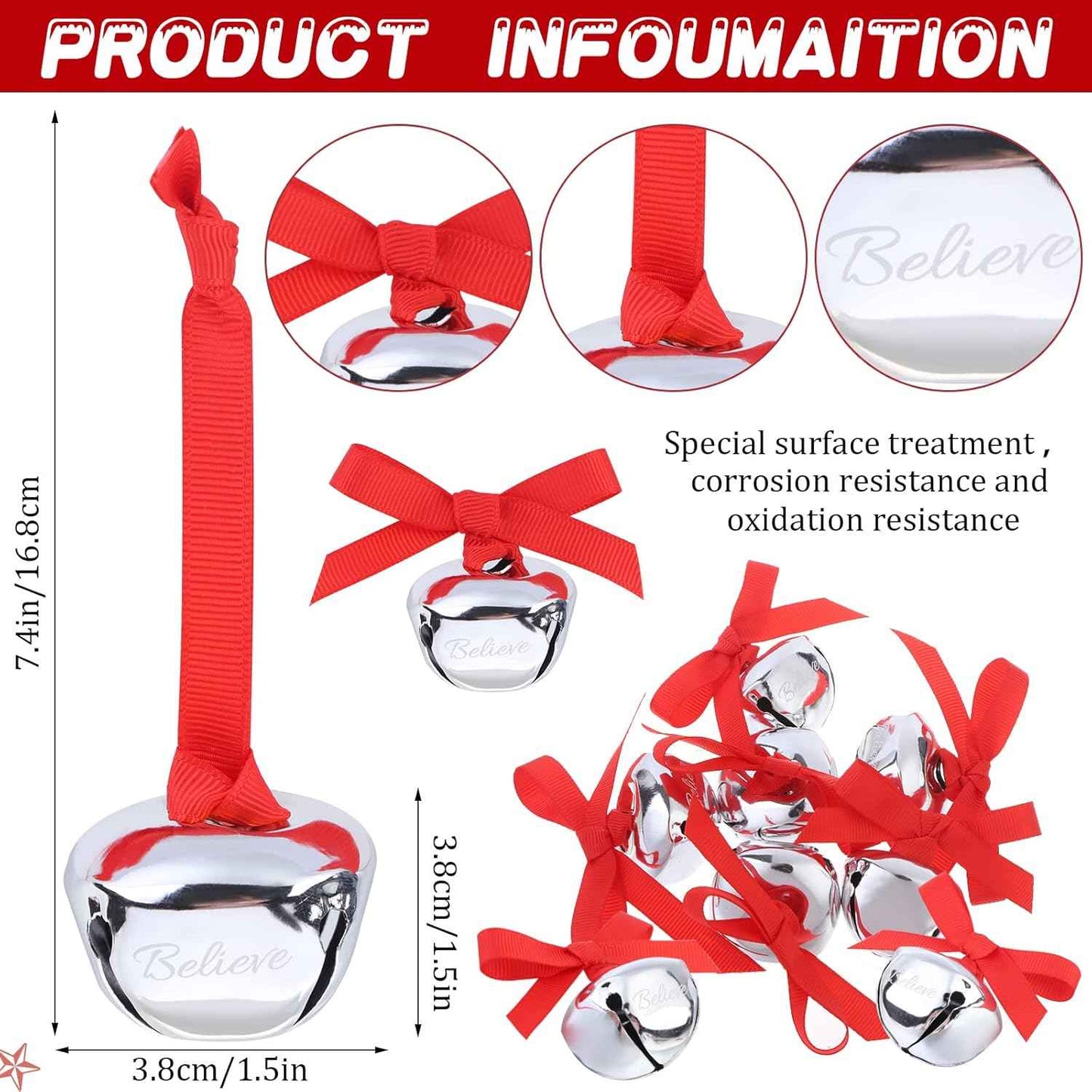 Sdfsdf 30 Pieces Believe Bell Ornament for Christmas Tree Sleigh Bell with Ribbon Xmas Party Home Decoration 1.5 inch (Silver)
