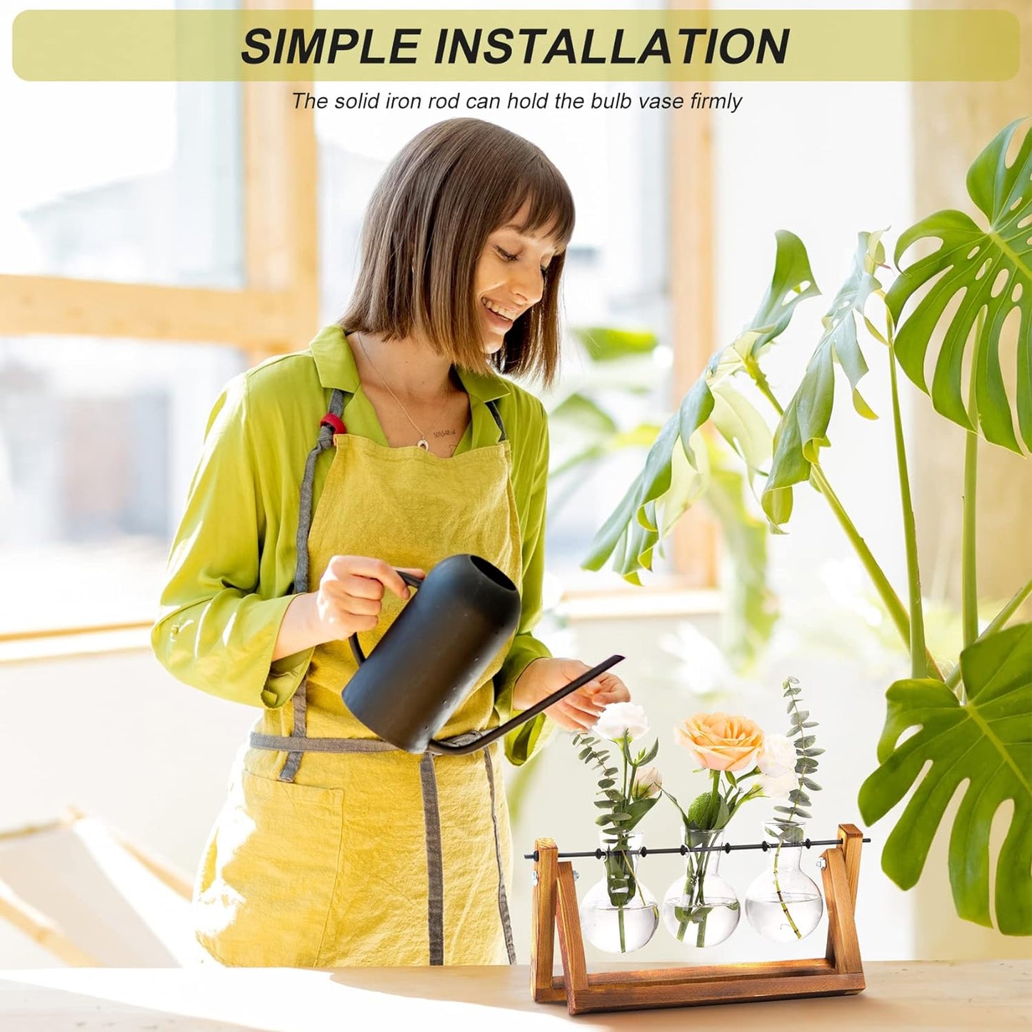 XXXFLOWER Plant Terrarium with Wooden Stand, Air Planter Bulb Glass Vase Metal Swivel Holder Retro Tabletop for Hydroponics Home Garden Office Decoration - 3 Bulb Vase - Rayz Mart