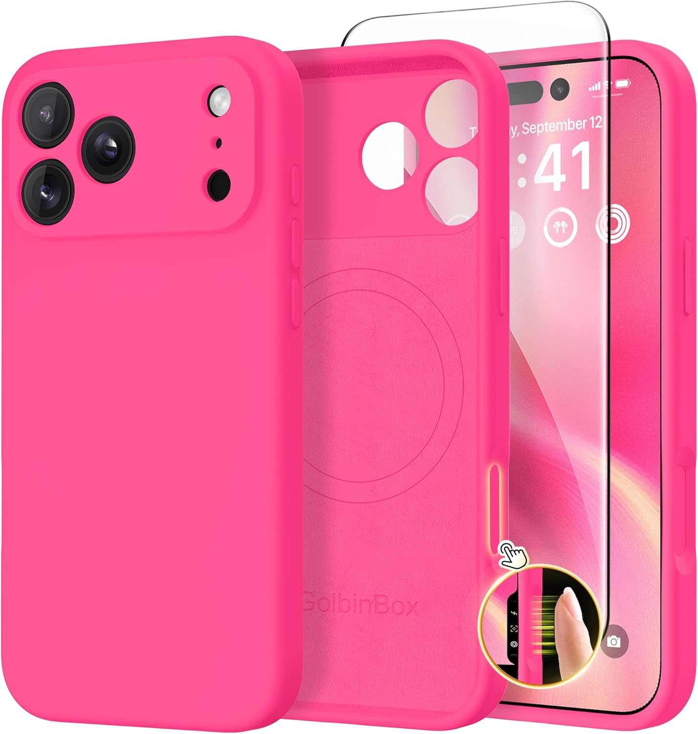 GolbinBox Magnetic for iPhone 17 Pro Max Case, Compatible with MagSafe, [Full Camera Protection] [Screen Protector], Silicone Shockproof Phone Cover with Anti-Scratch Microfiber Lining, Chalk Pink