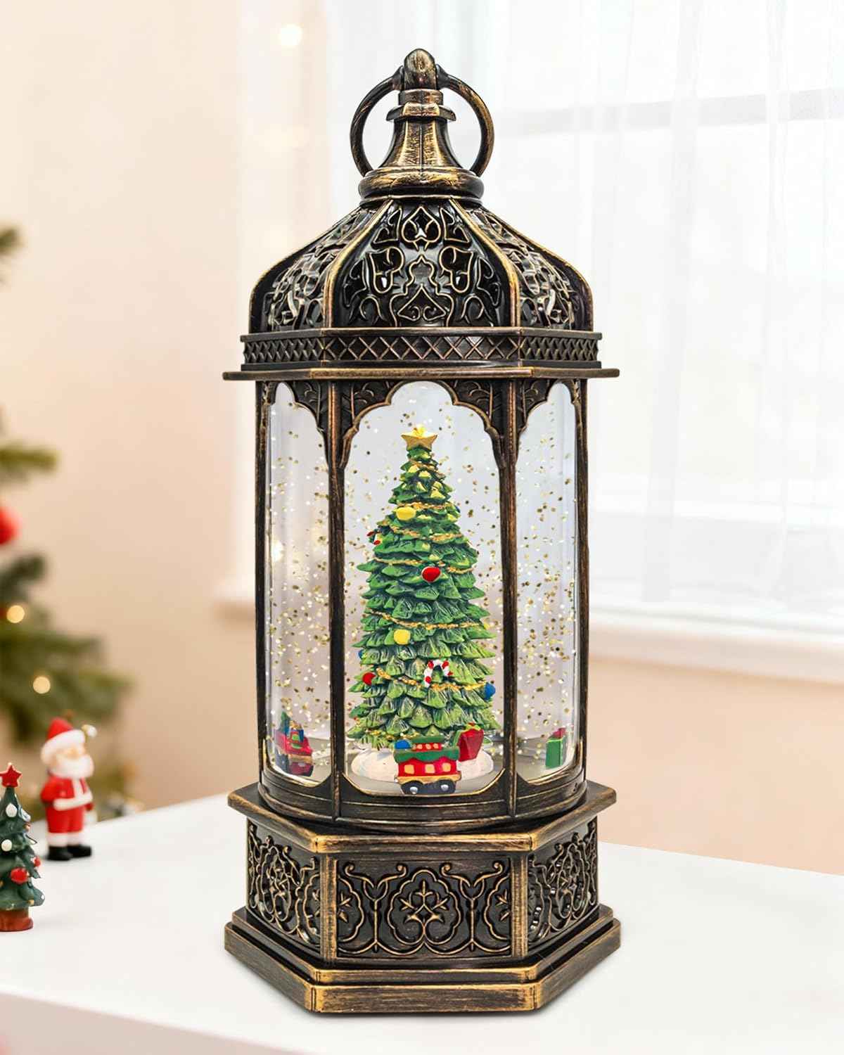 Christmas Santa Snow Globe Light up Lantern with 8 Songs, 9.17" Red Christmas Snow Globes for Kids Adults, 6H Timer & Dual Power, Snowglobes Christmas Decorations Indoor, Gifts for Women Men