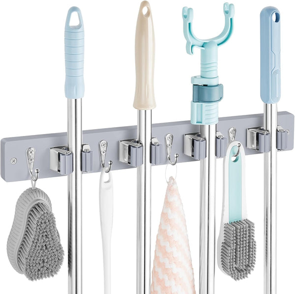 Mop and Broom Holder Wall Mount - Rustic Wood Broom Mop Hanger - Wall Mounted Garden Tool Rack Organizer for Closet Garage Laundry Room Kitchen Decor With 4 Slots & 4 Hooks - Rayz Mart