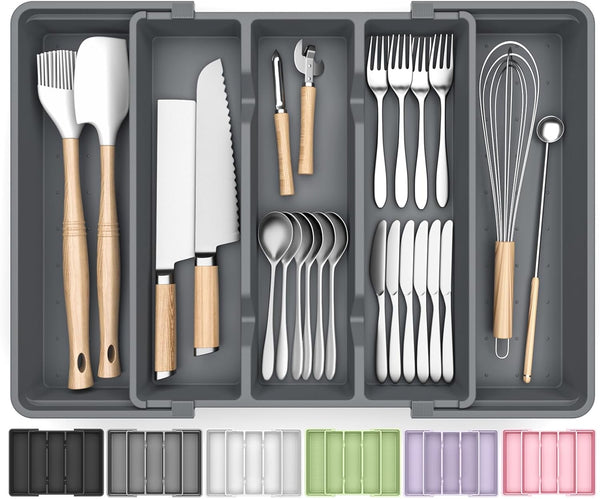 Large Silverware Organizer for Kitchen Drawers, Expandable Utensil Drawer Organizer