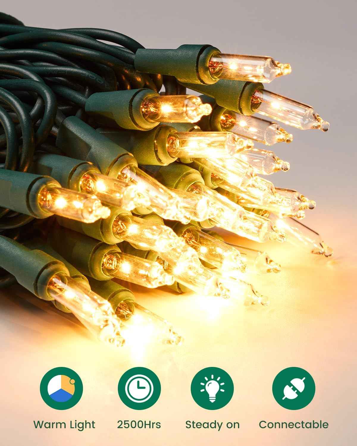 Clear Christmas String Lights, 100 Count Mini Incandescent Bulbs, 25FT Green Wire Indoor Holiday Lights