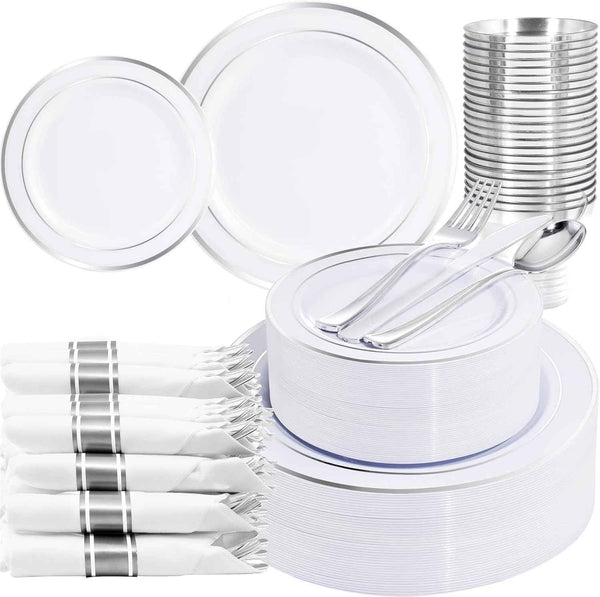 WELLIFE 700 Pieces Silver Plastic Dinnerware Set for 100 Guests - Includes Plates, Cups, Napkins, and Disposable Cutlery - Elegant White & Silver Design, Perfect for Parties and Events