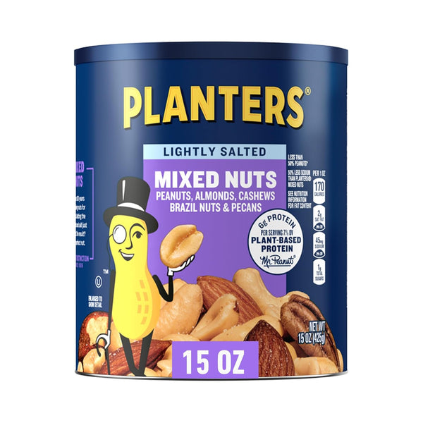 PLANTERS Lightly Salted Mix Nuts - 15 Oz Canister, Plant-Based Protein, Party Snack