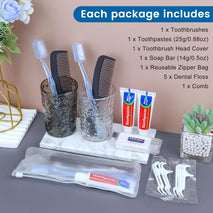 hqsl 10-set personal hygiene kit, disposable toothbrushes with toothpaste floss comb soap and cover for travel, homeless, women, men