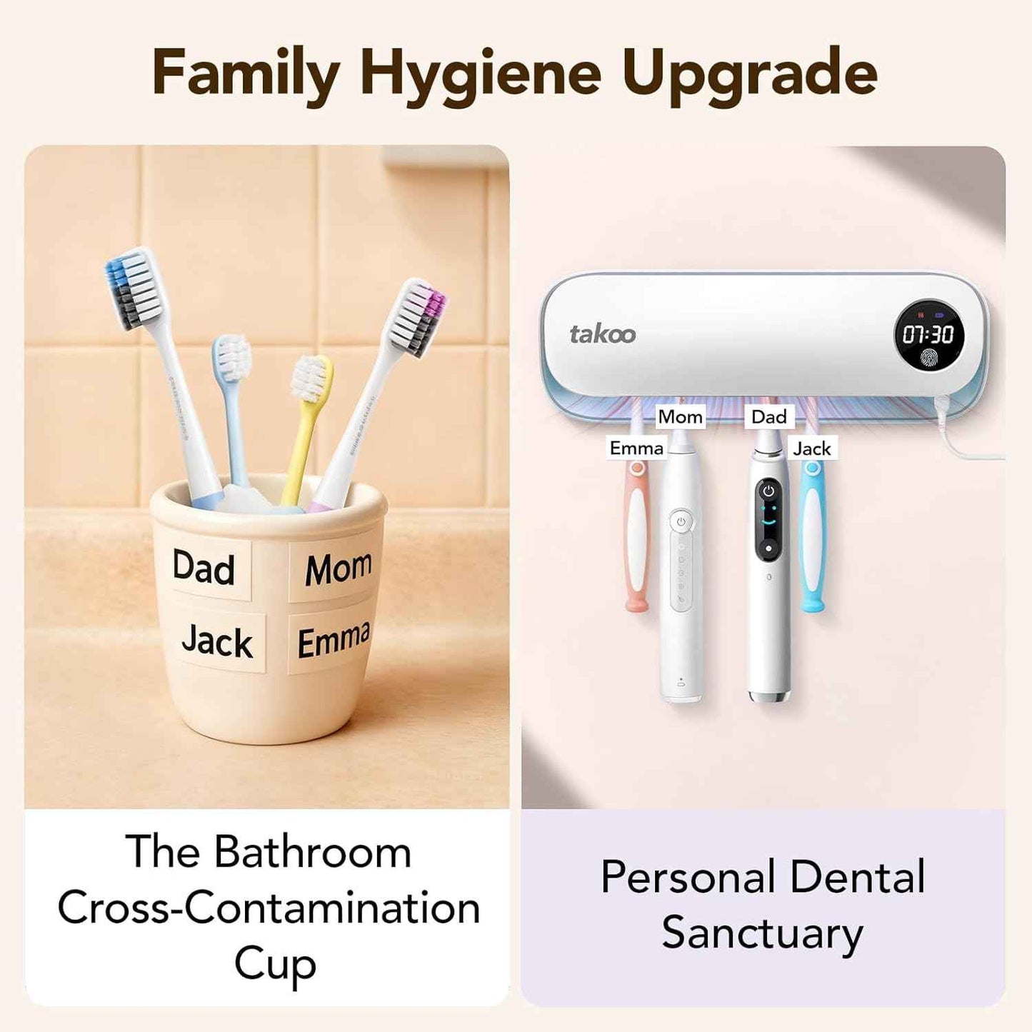 Takoo Toothbrush Cleaner, 4 Slots Wall Mounted Toothbrush Holder for Bathroom, Smart Hot Air Drying Technology, Rechargeable Smart Home Gadget