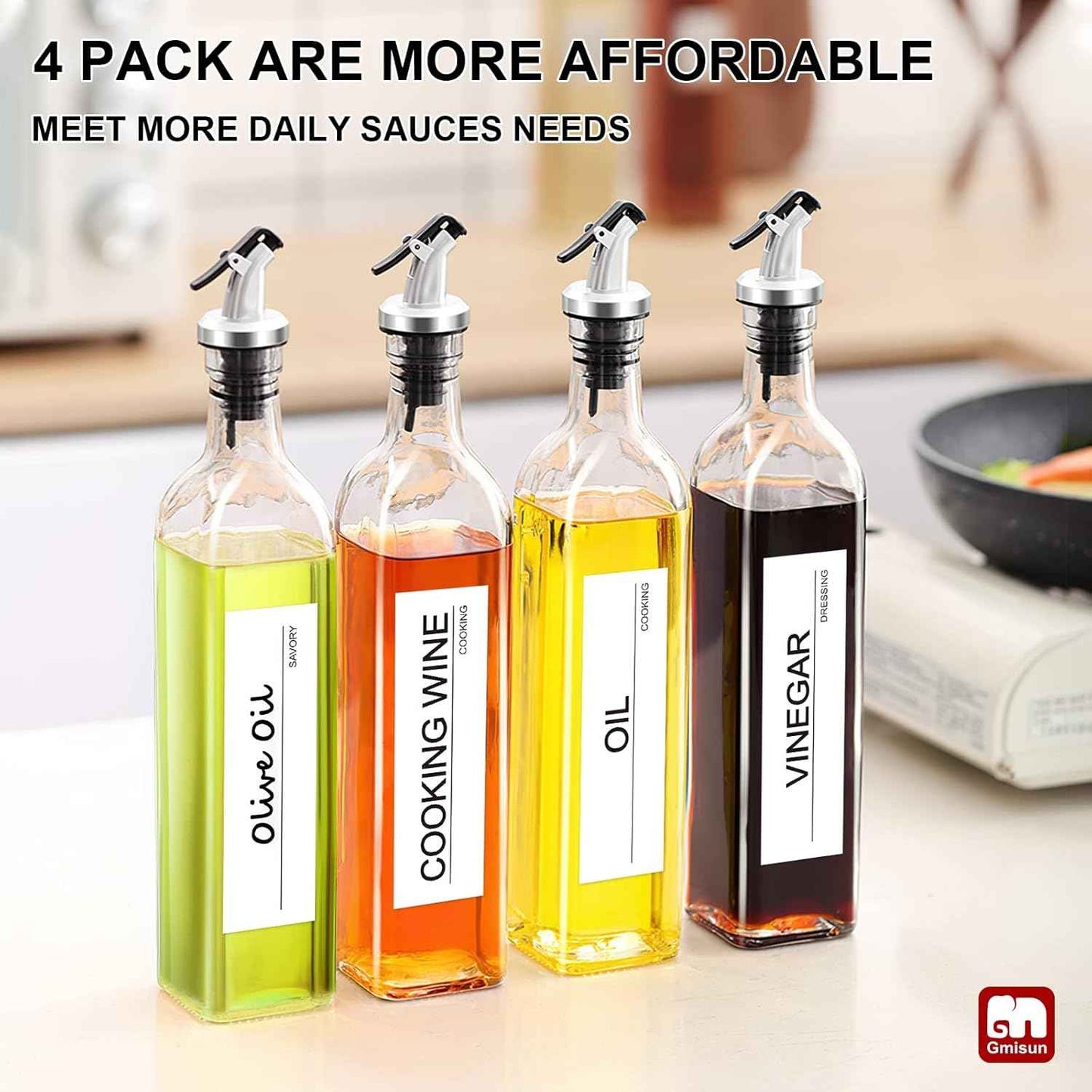 GMISUN Olive Oil Dispenser for Kitchen, 4 Pack 17 fl oz Glass Oil Dispensers Bottle, Cooking Soy Sauce Bottle Container Cruet with Plastic Pourer Spout, Funnel and Labels, Clear