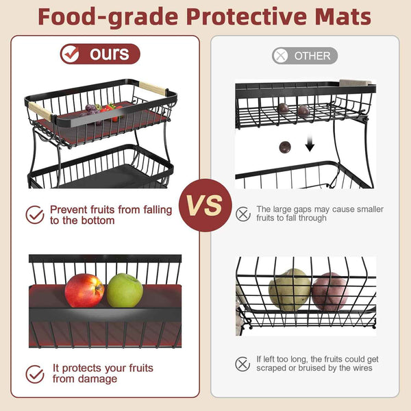 2 Tier Fruit Basket for Kitchen Counter with 2 Mobile Banana Hangers, 2025 Pro Detachable Metal Fruit Bowl with Wooden Handle, Fruit Holder for Bread Snack Veggies with Protective Mats