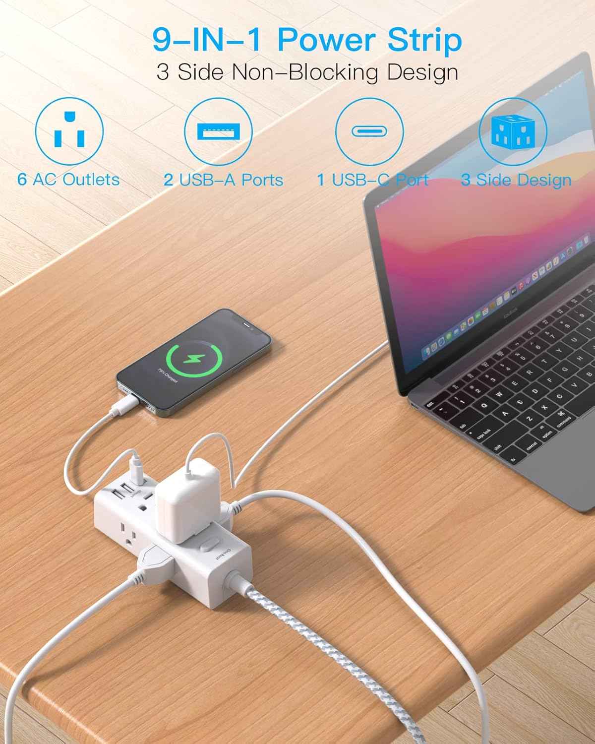 Power Strip Surge Protector - One Beat 6 Widely Outlets with 3 USB Ports (1 USB C), 5 Ft Extension Cord Flat Plug, Wall Mount Outlet Extender Small Power Strip for Travel Home Office College Dorm Room