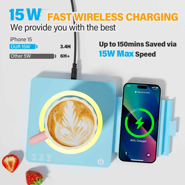 Smart Coffee Mug Warmer with 15W Wireless Charging - 3 Heat Settings, Auto Shut-Off, Candle & Beverage Warmer