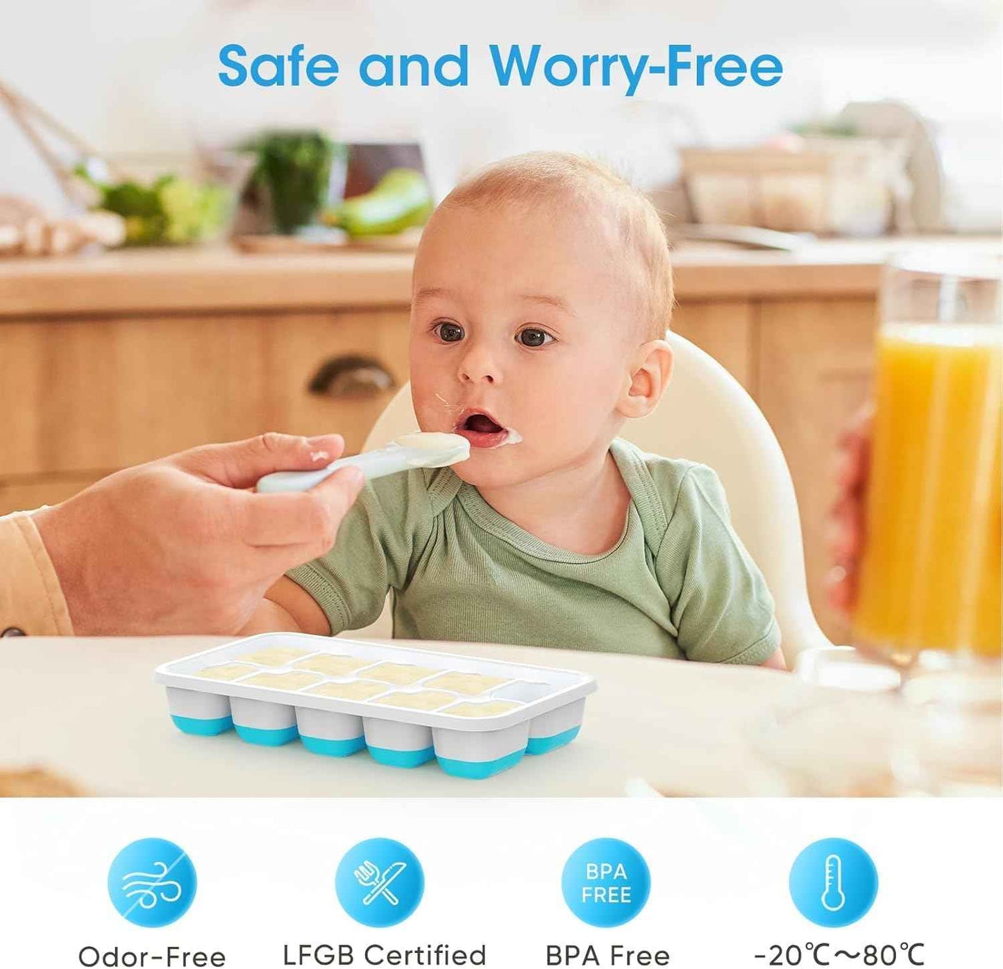 DOQAUS Ice Cube Tray with Lid and Bin, 4 Pack Silicone Plastic Ice Cubes Trays for Freezer with Box/Container, Stackable with Storage Iced Bucket Kits, Scoop, for RV, Soup, Food, Cocktail, Coffee