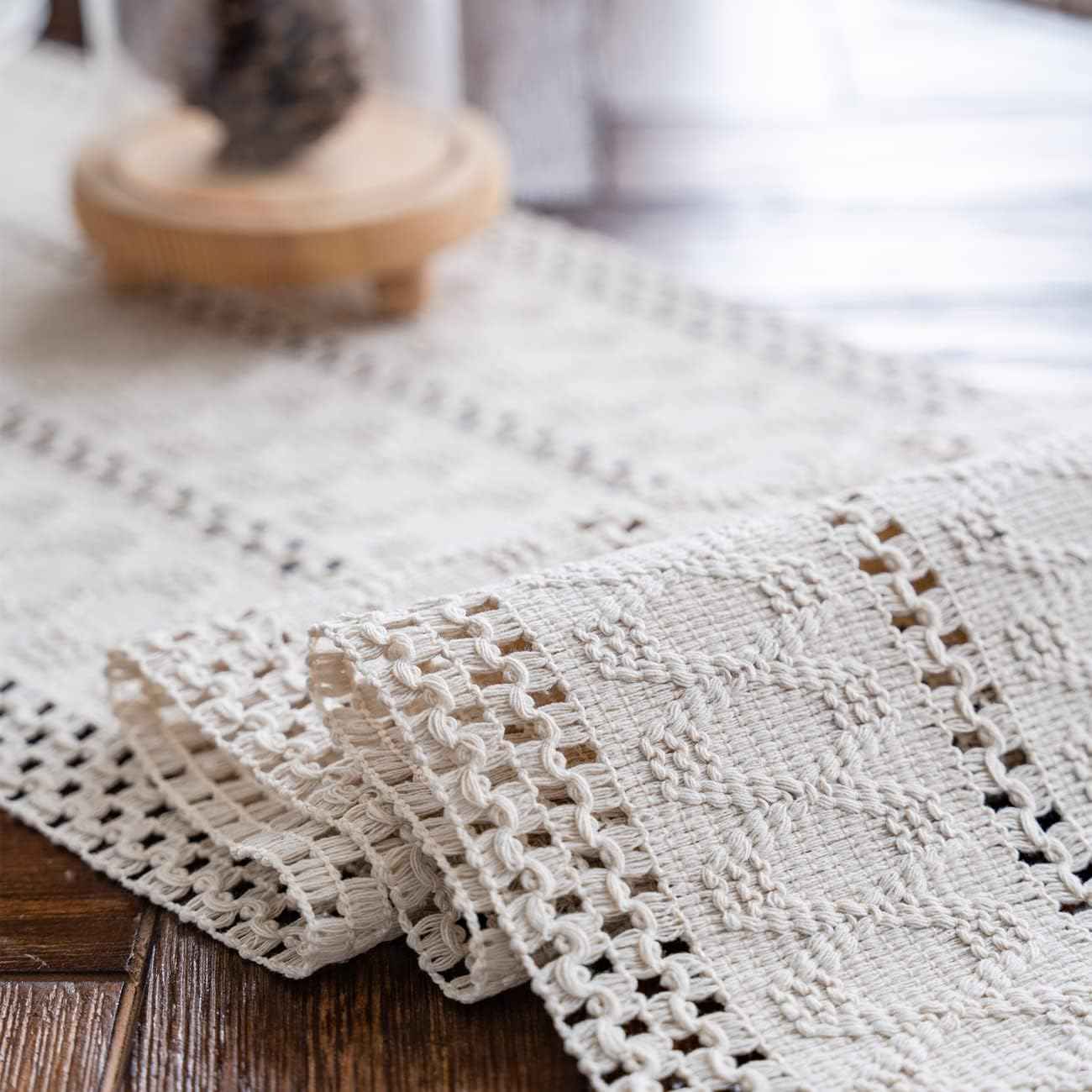 Alynsehom Macrame Table Runner Cream Beige Boho Table Runners with Tassels Hand Woven Cotton Table Runner Rustic Farmhouse Table Runners for Bohemian Kitchen Dining Table(12x71in)