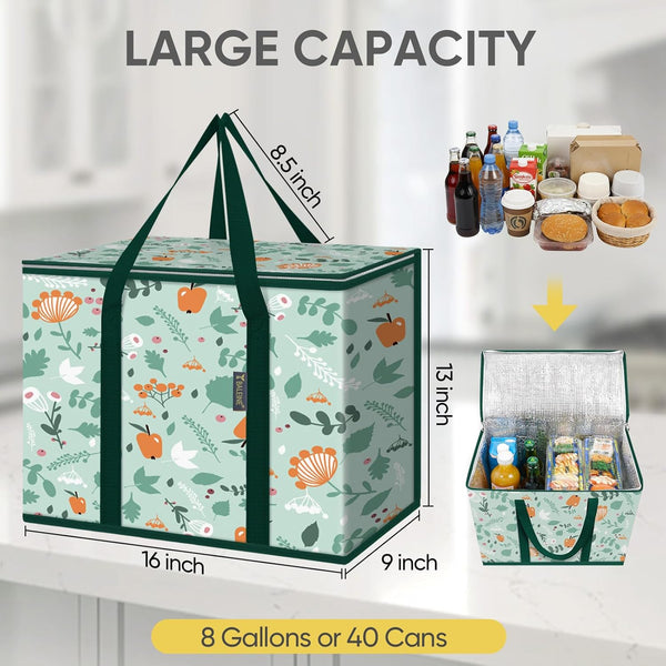 BALEINE 2Pk Insulated Reusable Grocery Bags, Collapsible Cooler Bag for Groceries, Heavy Duty Large Insulated Bag (16''x9''x13'', Spring Stroll)