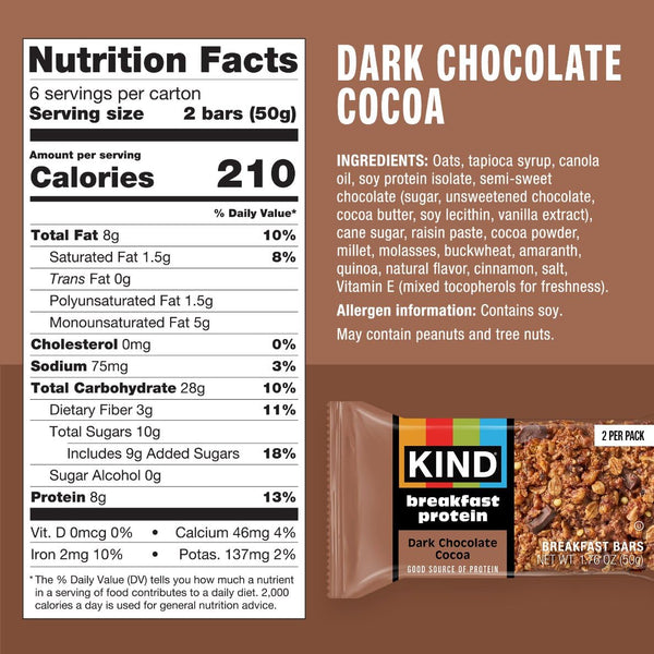 KIND Breakfast Protein Bars, Dark Chocolate Cocoa, Gluten Free, Low Sodium, 6 Count