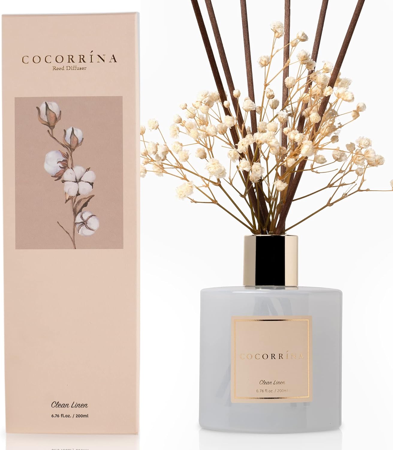 Cocorrína Premium Reed Diffuser Set with Preserved Baby's Breath & Cotton Stick Cashmere Vanilla | 6.7 fl oz Scent Fragrance Oil Diffuser for Bedroom Bathroom Home Décor