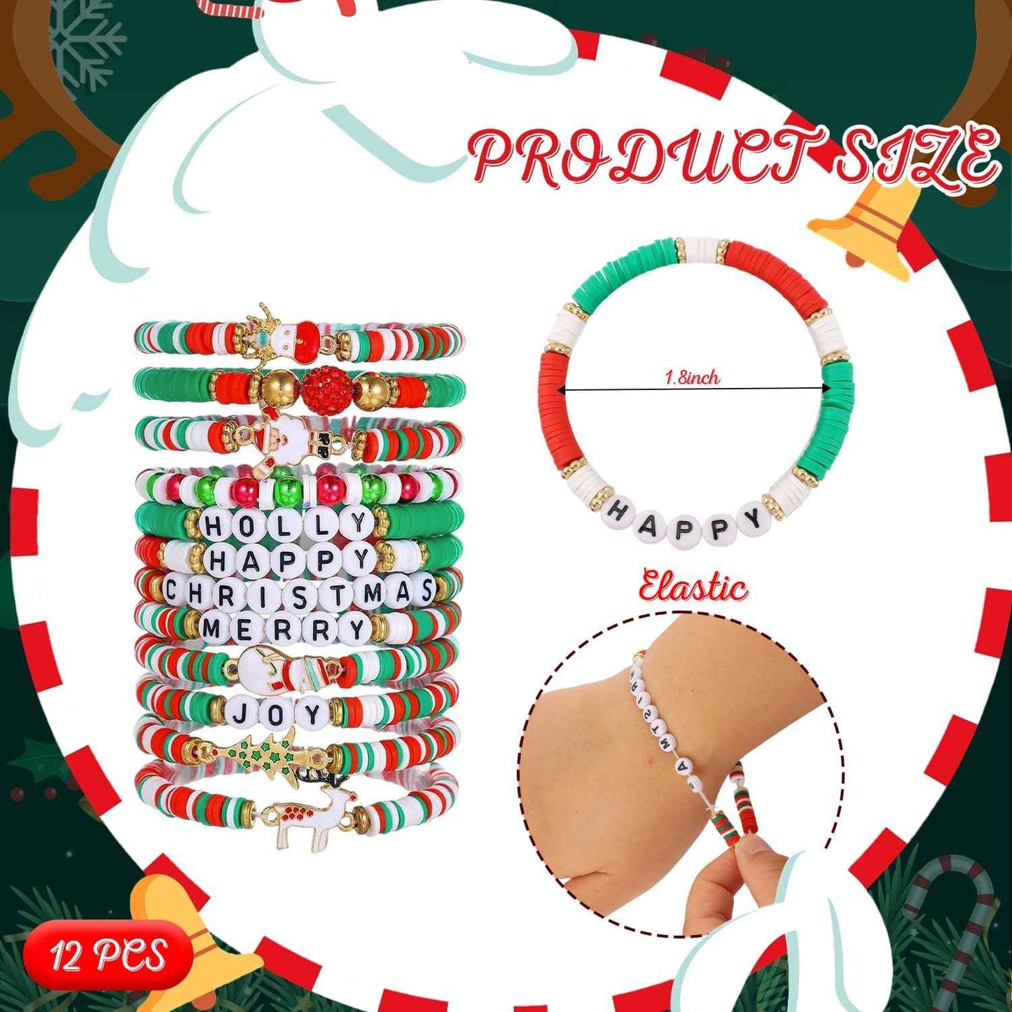 CUBACO 12 Pack Christmas Bracelets Jewelry for Women Handmade Candy Beaded Bracelets Letter Stretch Bracelet Bulk White Red Green Friendship Christmas Decorations Holiday Stocking Stuffers Gifts