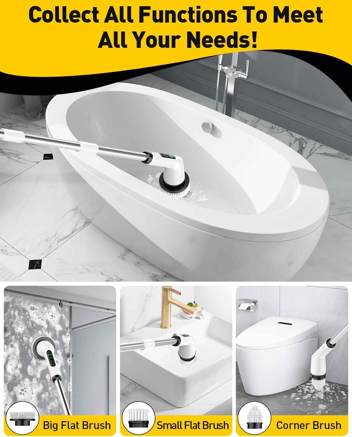 Electric Spin Scrubber for Cleaning Bathroom, Shower Scrubber Cordless Cleaning Brush with IPX7 Waterproof & 2 Speed, 3 Brush Heads, Bathroom Cleaning Supplies for Shower Tub Kitchen Tile Toilet White