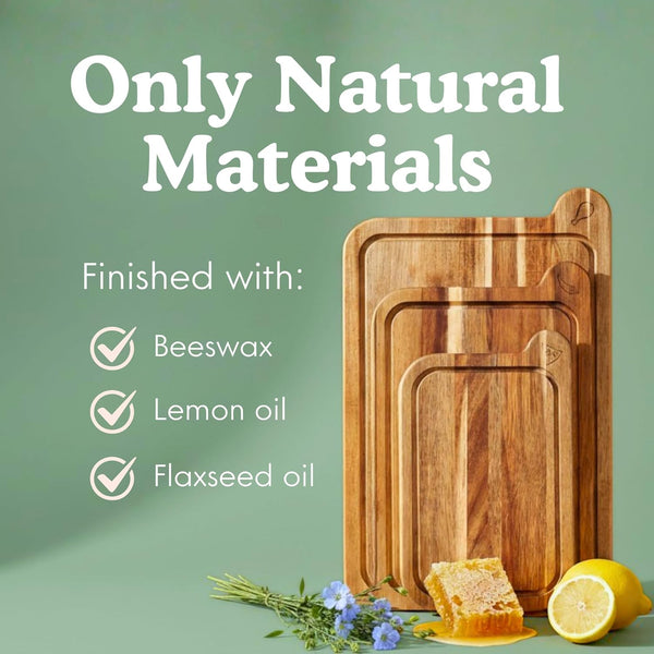 Non-toxic cutting board set made from FSC certified acacia wood, free of mineral oil, includes 3 chopping boards.