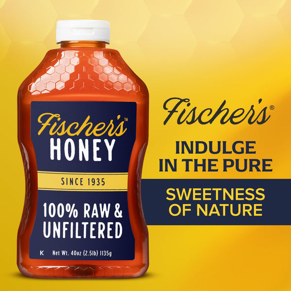Fischer's 100% Pure Raw Unfiltered Honey - USA Made All-Natural Sweetener with Rich Flavor Profile and 40 oz Squeeze Bottle