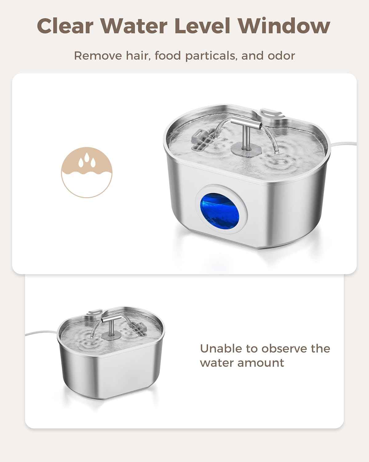 Cat Water Fountain Stainless Steel - Pet Drinking Fountain for Cats Indoor - 2.2L/74oz Automatic Water Dispenser with Watering Level Window (1 Filter)