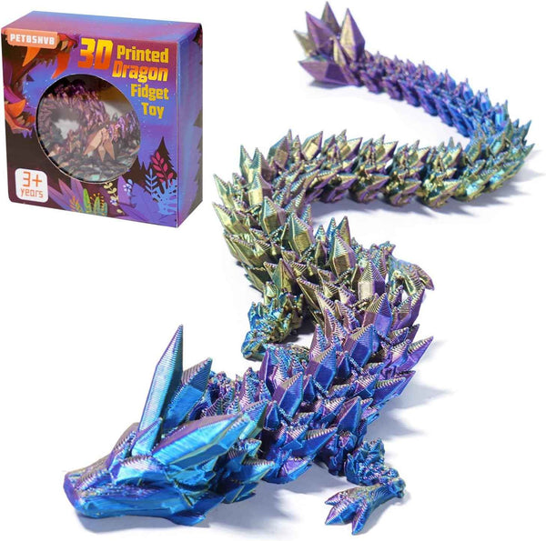 Three Color 12" 3D Printed Dragon, Articulated Dragon, Crystal Dragon, Dragon Fidget Toy, Home Office Decor Executive Desk Toy (Blue Head)