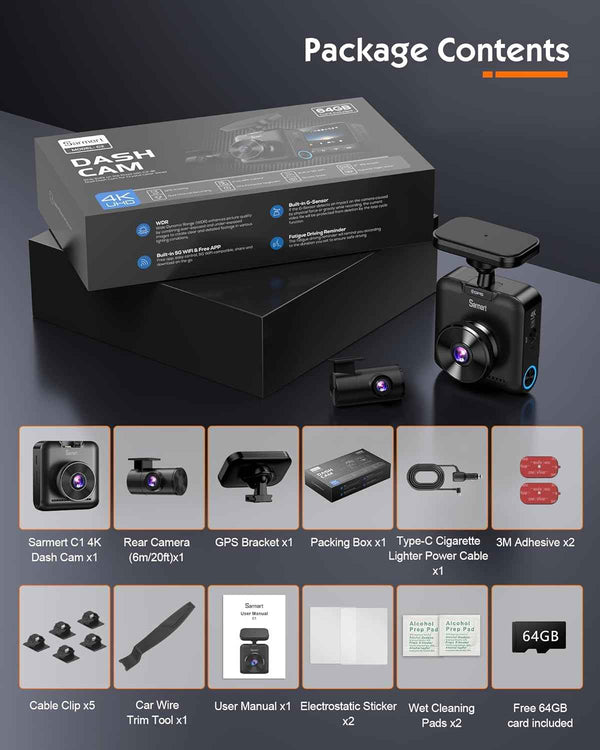 Sarmert C2 4K Dual Dash Cam Front and Rear - Built-in GPS and 5G WiFi, Free 64GB Card Included, 4K UHD Dash Camera for Cars, Night Vision, WDR, Loop Recording, App Control, 24H Parking Mode