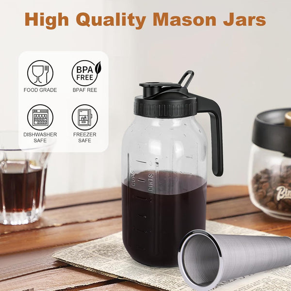 64 oz Mason Jar Pitcher with Stainless Steel Filter for Iced Coffee and Tea