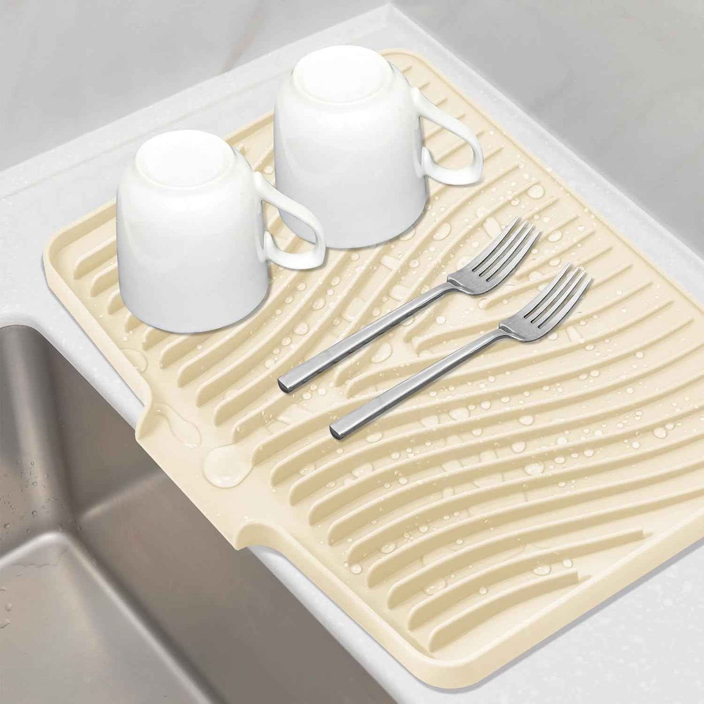 Silicone Dish Drying Mat for Kitchen Counter, Dish Drying Pad, Non-Slip Drain Pad with Built-in Drain, Heat Resistant Stone Drying Mat(15.8" x 13", Grey)