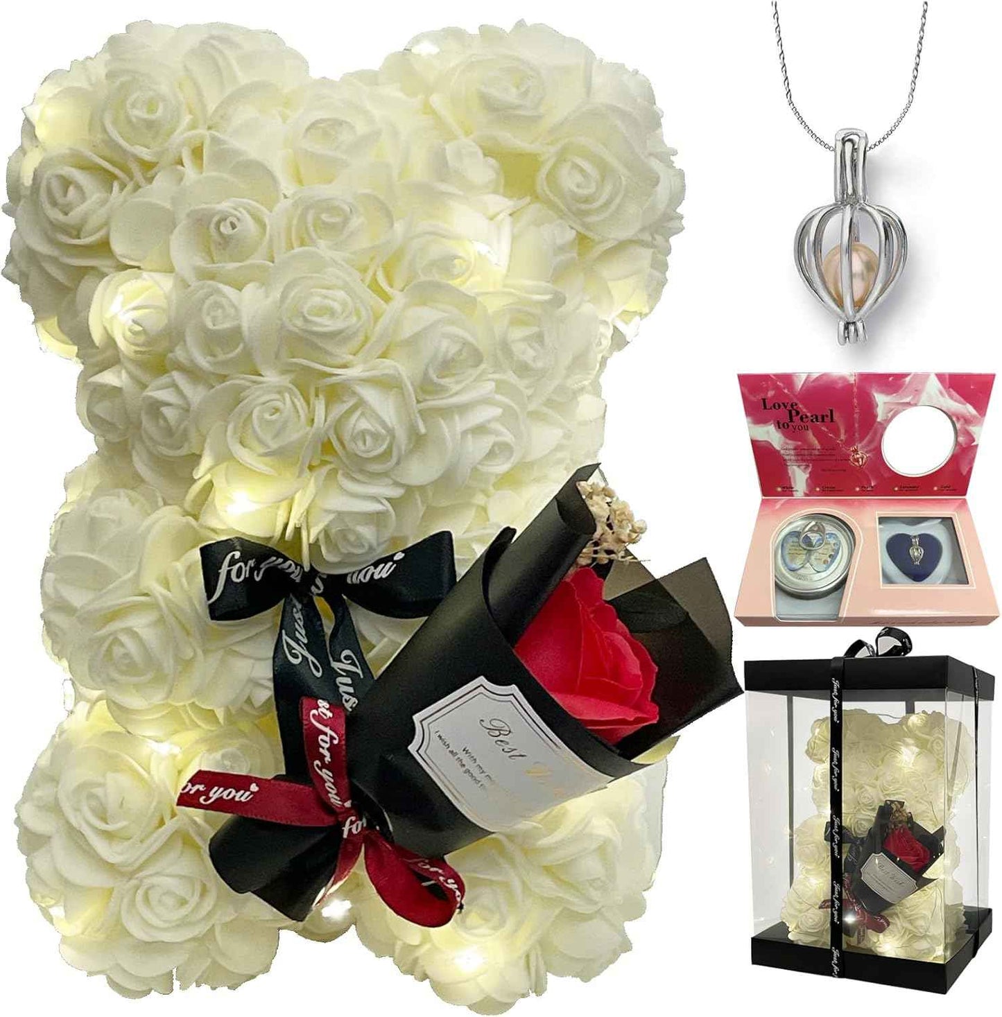 Romantic Valentine's Day Gift For Her Artificial Flower Rose Teddy Bear With Preserved Flowers Bouquet And Blind Box Pearl Necklace Birthday Gift For Wife Girlfriend Mom Women Mothers Day Home Decor