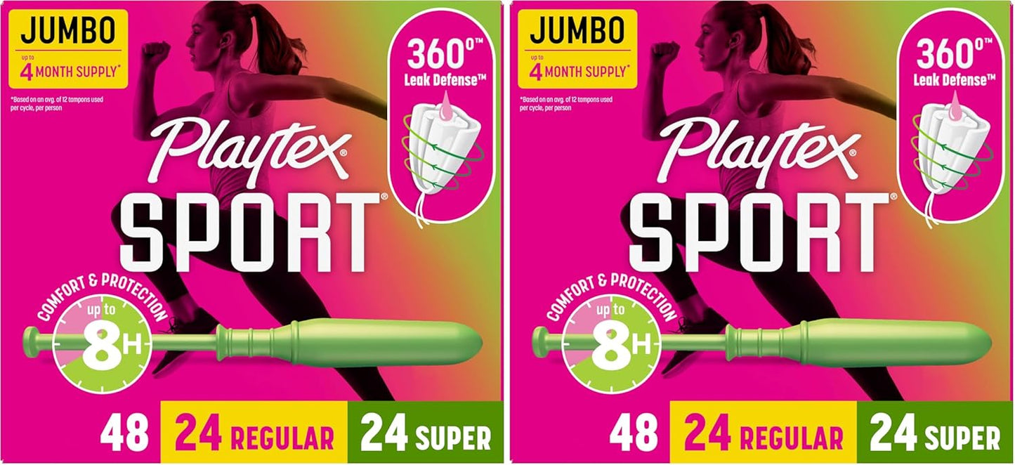 Playtex Sport Tampons Multipack (24ct Regular/24ct Super), Fragrance-Free - 48ct | Tampons Regular and Super, Playtex Tampon Multipack, Feminine Care with 360 Leak Defense