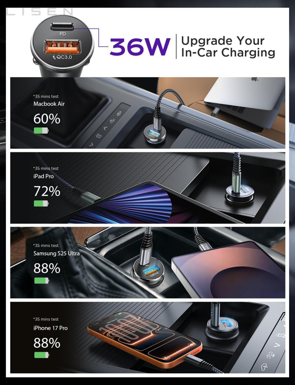 69W Dual Port Car Charger with USB C and USB A Ports