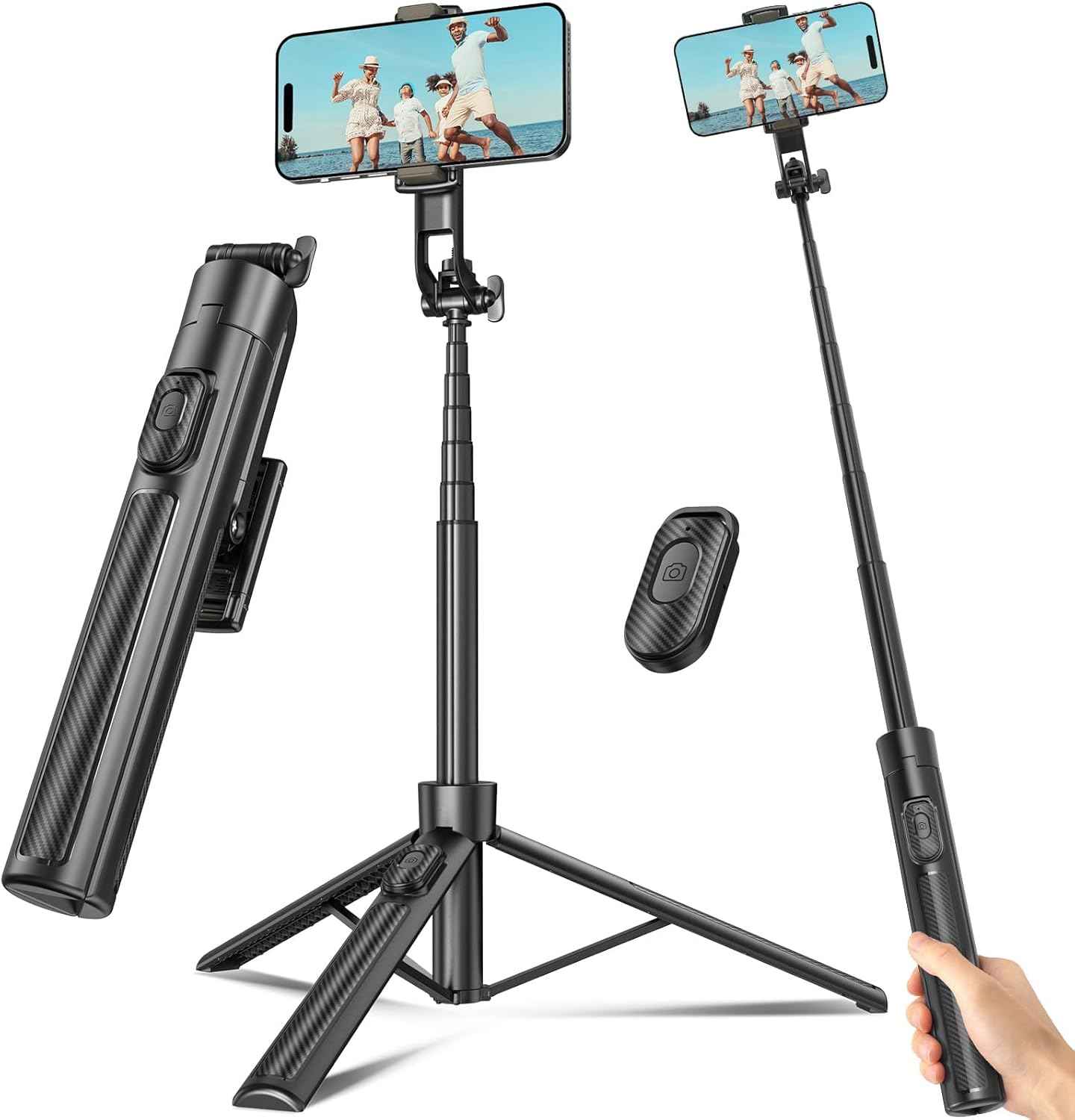 Selfie Stick Travel Tripod for Cell Phone with Remote Control and Phone Holder, Extendable Selfie Stick for iPhone, iPhone Tripod for Video Recording, 50 Inch, Black