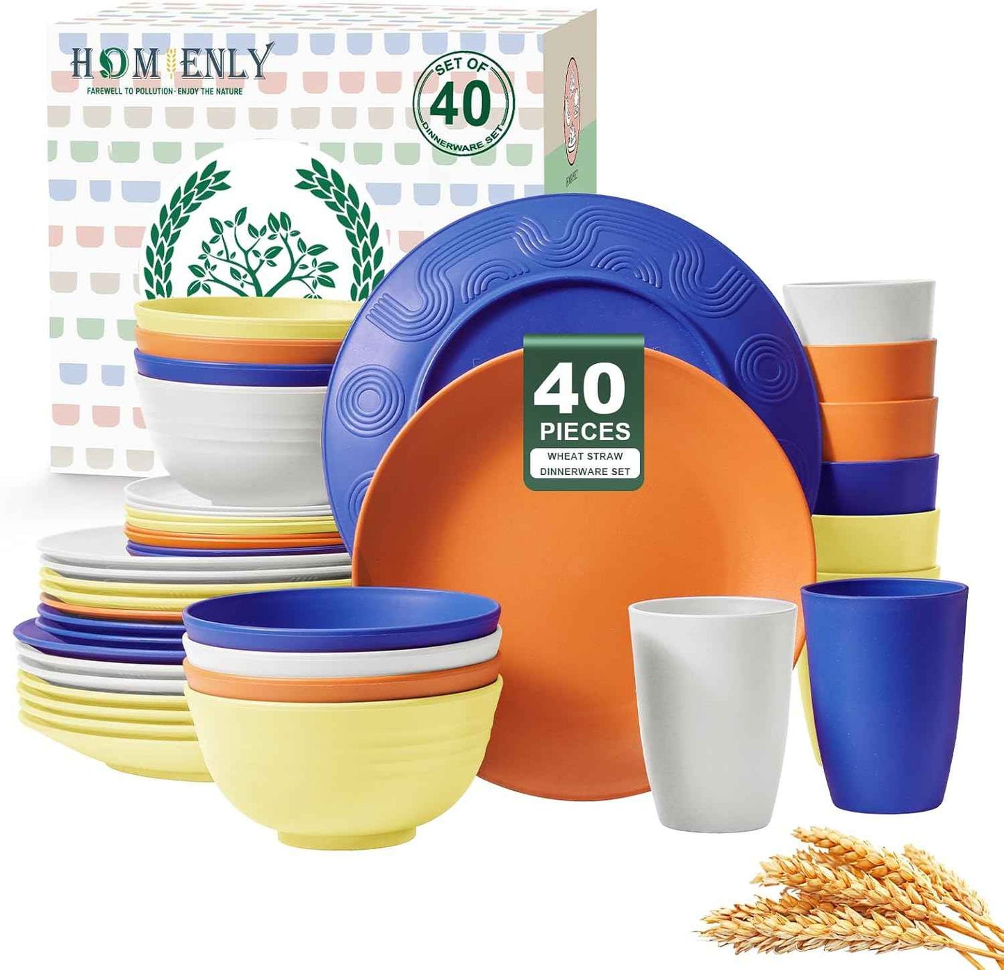 Homienly 40-Piece Premium Wheat Straw Dinnerware Sets, Service for 8, Unbreakable Plates and Bowls Set - Cups Sets, Dinner Plates, Bowls for Kitchen,Dishwasher and Microwave Safe Dishes Set - Multi