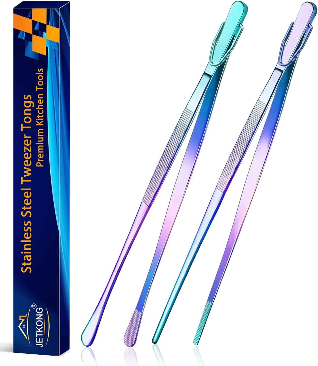 JETKONG 2 Pcs 12-Inch Kitchen Tweezers Fine Tweezer Tongs, Extra-Long Stainless Steel Cooking Tweezers (Silver)