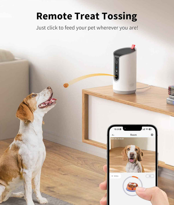 2K pet camera treat dispenser with 360° view, 5G&2.4G WiFi, 2-way talk, motion alerts, and auto tracking for cats and dogs