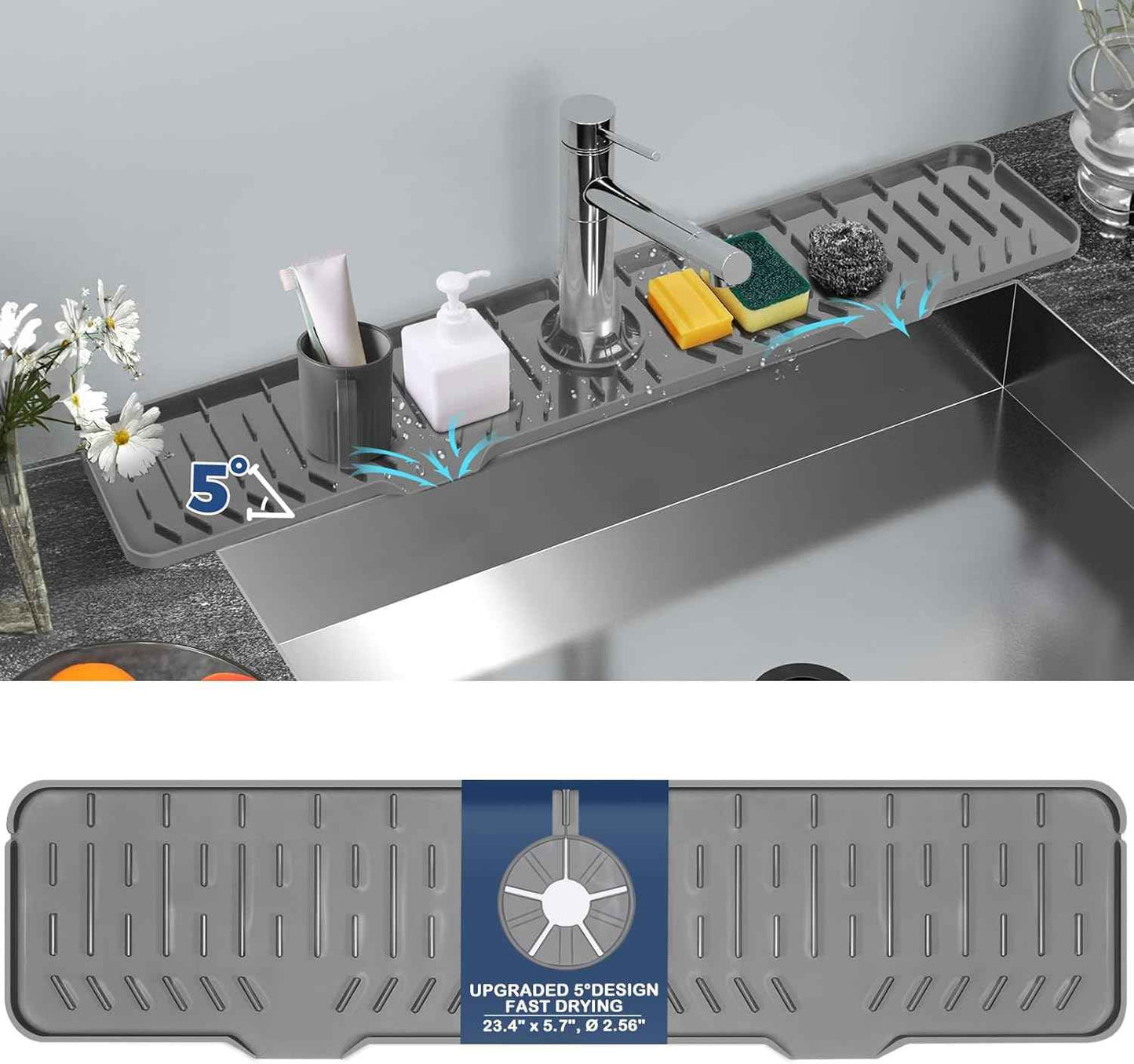 BFONS Silicone Faucet Handle Drip Catcher Drying Tray Mat Dish Soap Sponge Holder Accessories Gadgets for Kitchen Counter Bathroom Kitchen Sink Splash Guard -Grey