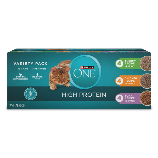 purina one natural high protein cat food variety pack turkey chicken and tuna recipes 2 packs of 12 3 oz cans