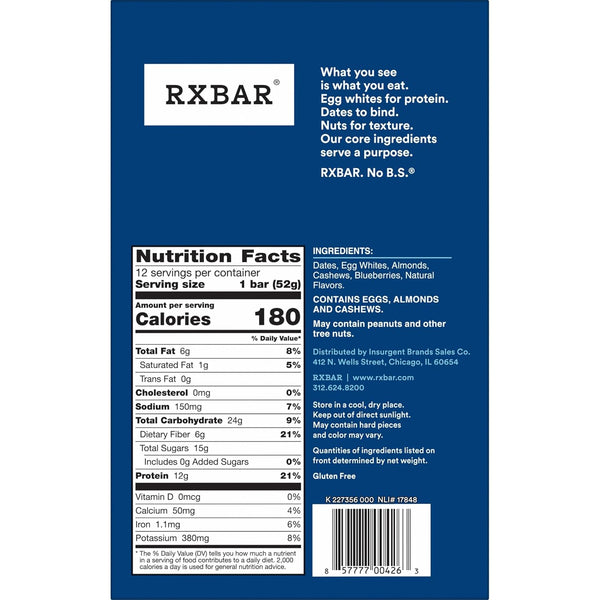 RXBAR Blueberry Protein Snack Bars, 22oz Box, 12 Count, Gluten Free, Kosher Pareve