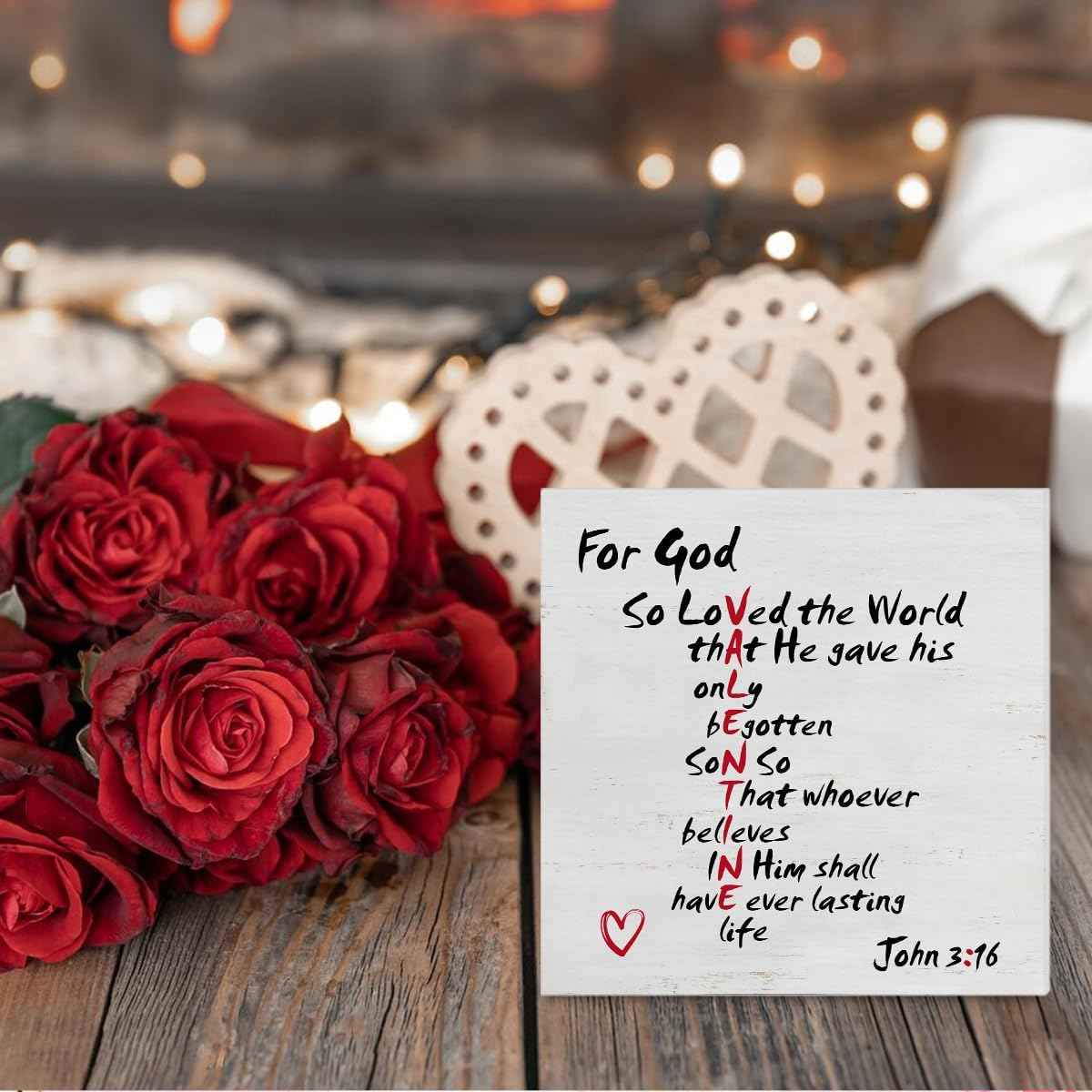 Christian Valentines Decor, Rustic John 3:16 Bible Verse Scriptures Wooden Sign Home Tabletop Shelf Desk Decoration Valentines Day Decor
